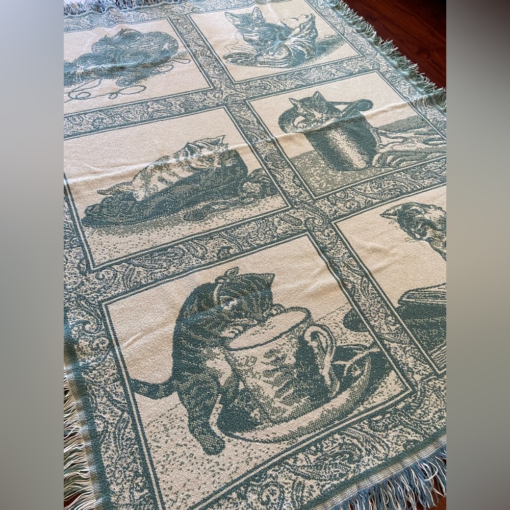 CAT Kitten Aqua Blue and White Cotton Tapestry Throw Blanket - Picture 3 of 6
